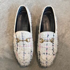 Gucci Tweed Horsebit Loafers in Ivory with Pink & Black Accents